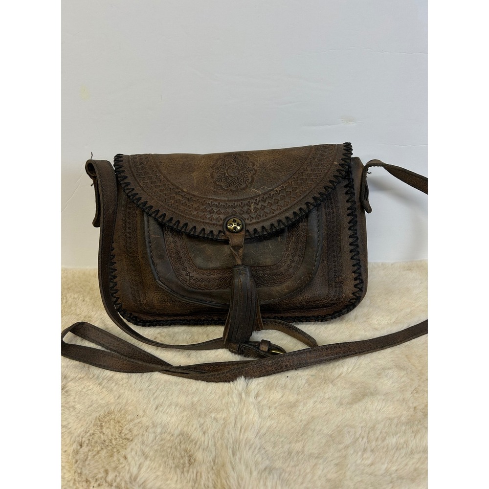 Patricia Nash Brown Italian Leather Tooled Whipstitch Tassel Crossbody Bag